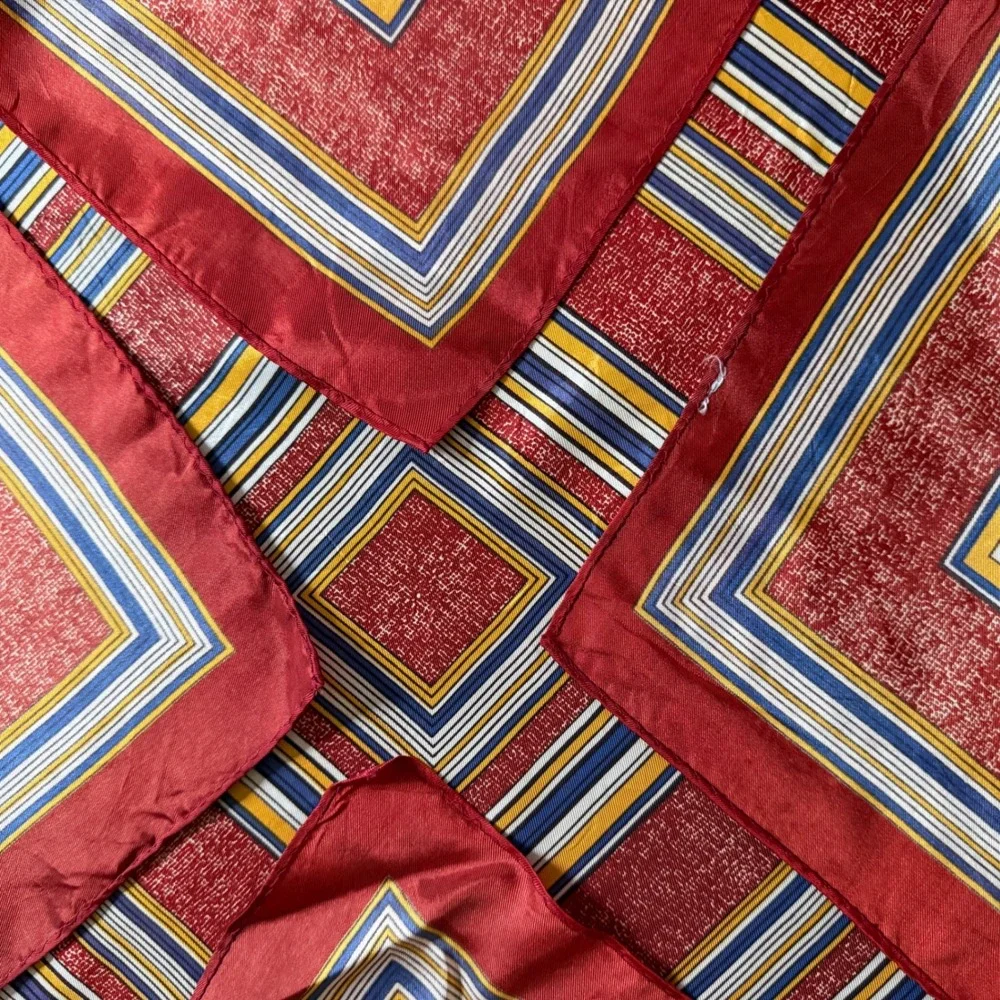 Vintage Red Geometric Square Scarf Yellow Blue Striped Border Silky Neck‎ Scarf